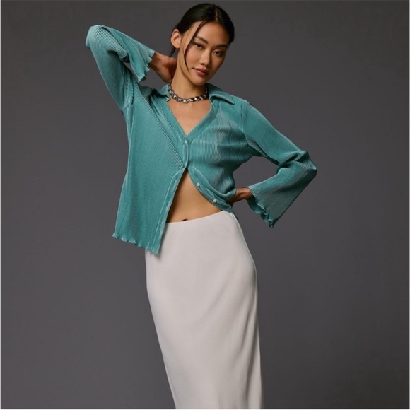 Anthropologie Tops - Anthropologie Dolan Lettuce Hem Teal Turquoise Button Front Pleated Shirt Top